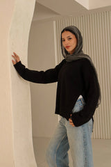 Black Cotton V-Neck Long Sleeve Blouse