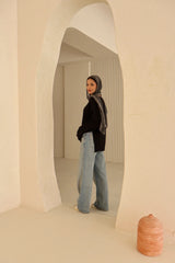 Black Cotton V-Neck Long Sleeve Blouse