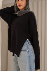 Black Cotton V-Neck Long Sleeve Blouse