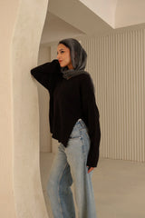 Black Cotton V-Neck Long Sleeve Blouse