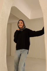Black Cotton V-Neck Long Sleeve Blouse