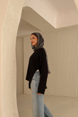 Black Cotton V-Neck Long Sleeve Blouse