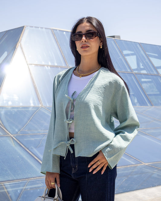 Ribbon-Tie - Long Sleeve Blouse Sage Green