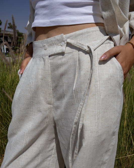Cross-Belt Linen - Wide-Leg Pants Off White Stripe