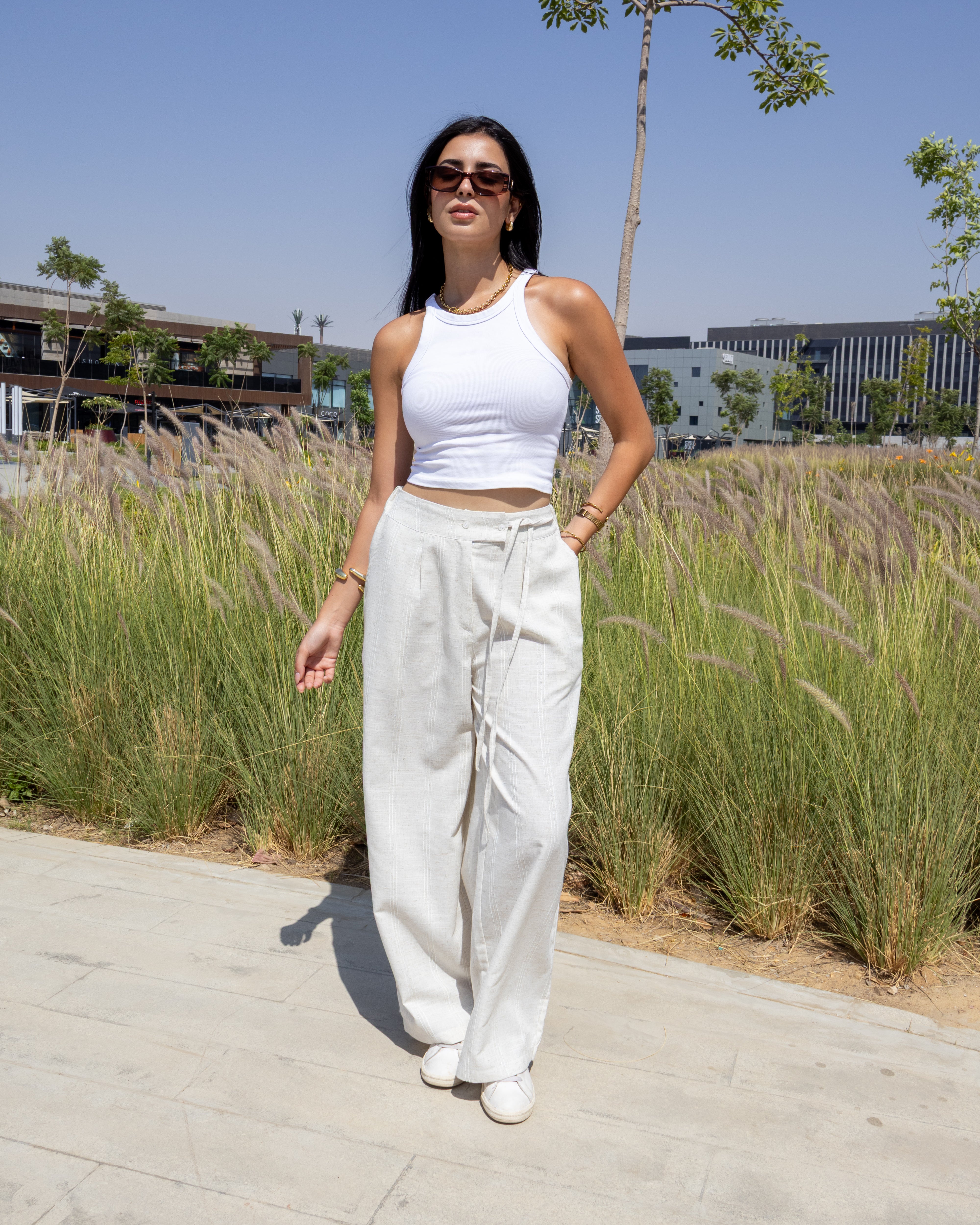 Cross-Belt Linen - Wide-Leg Pants Off White Stripe Cross-Belt Linen - Wide-Leg Pants Off White Stripe