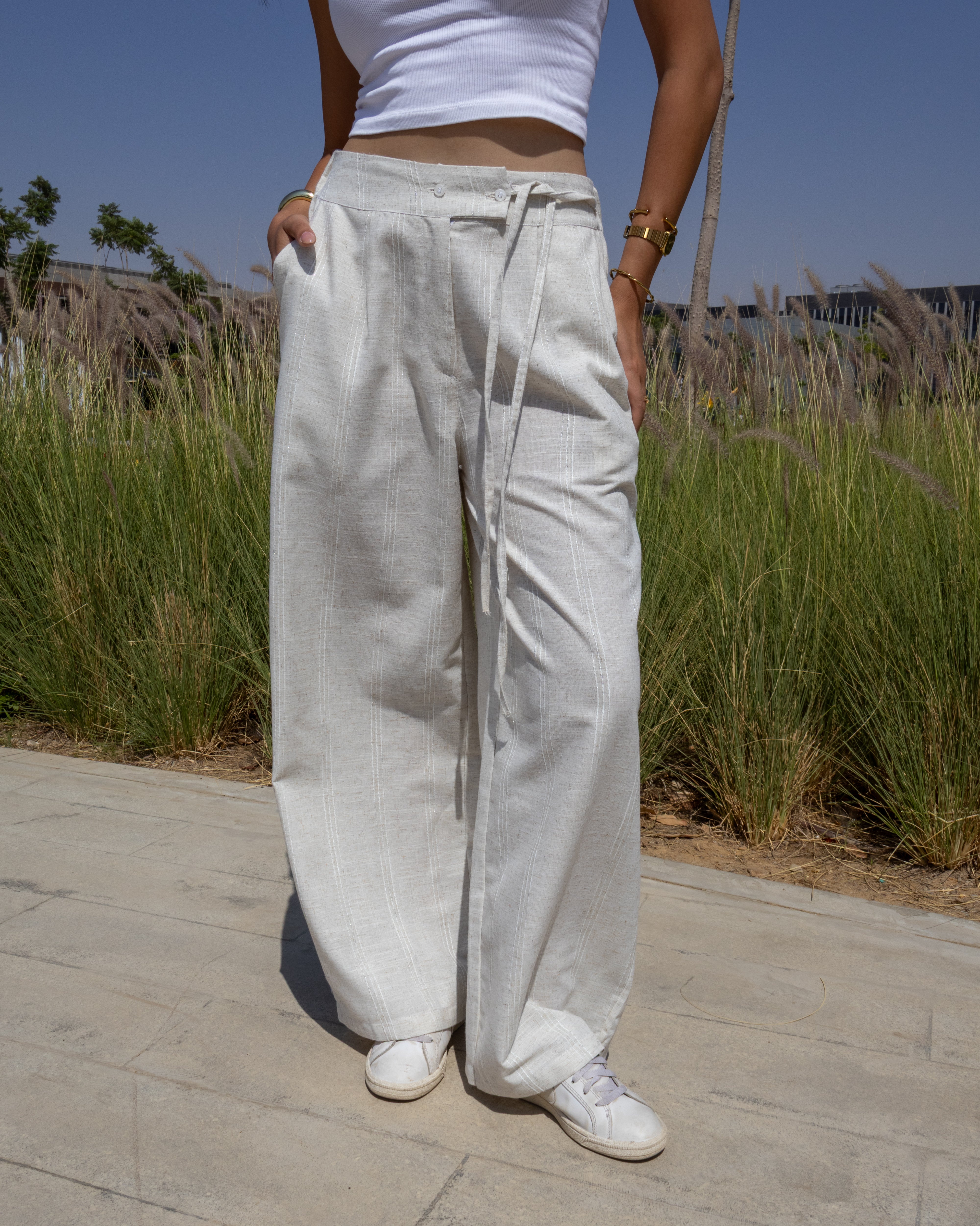 Cross-Belt Linen - Wide-Leg Pants Off White Stripe Cross-Belt Linen - Wide-Leg Pants Off White Stripe