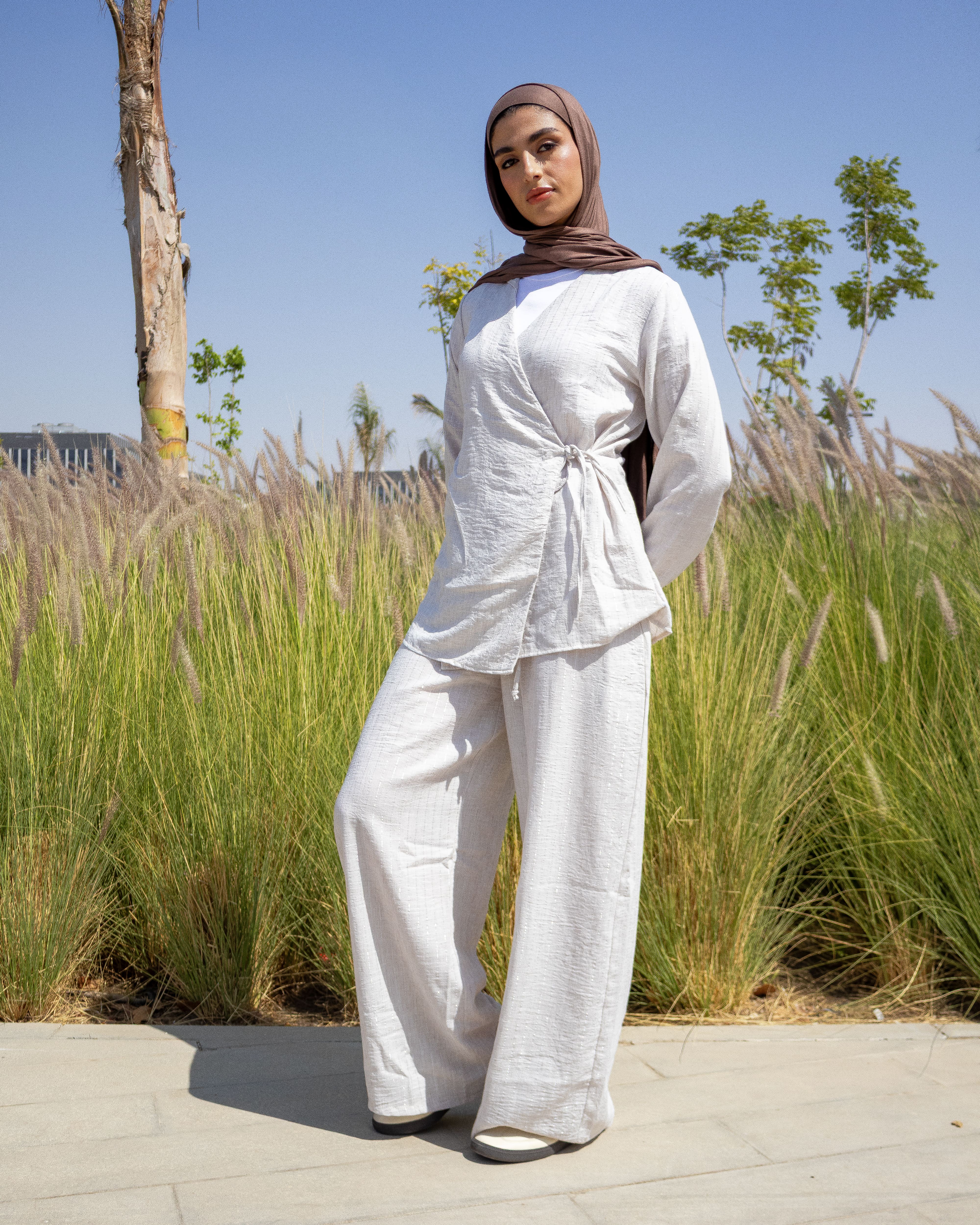 Side-Tie Set - Blouse & Wide-Leg Pants Light Beige Side-Tie Set - Blouse & Wide-Leg Pants Light Beige