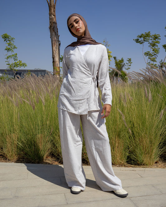 Side-Tie Set - Blouse & Wide-Leg Pants Light Beige