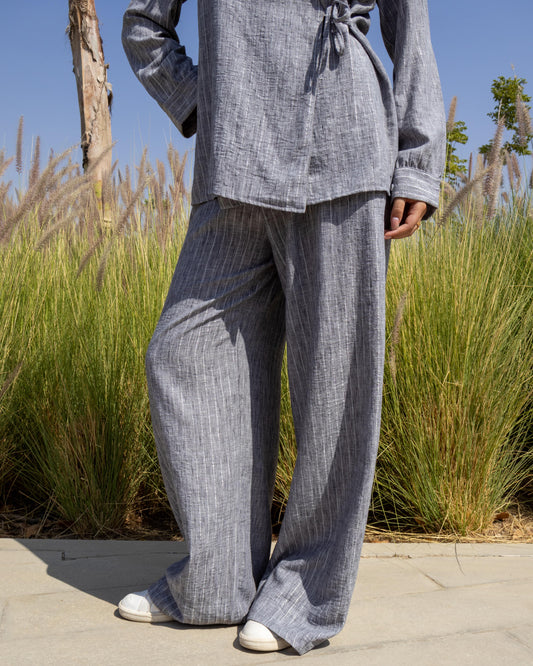Side-Tie Set - Blouse & Wide-Leg Pants Gray