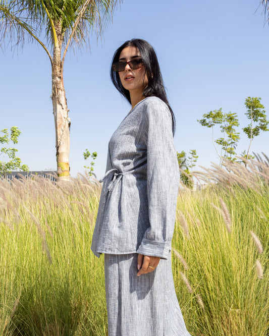 Side-Tie Set - Blouse & Wide-Leg Pants Gray