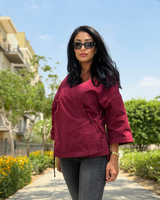 Belted Kimono - Denim Jacket burgundy