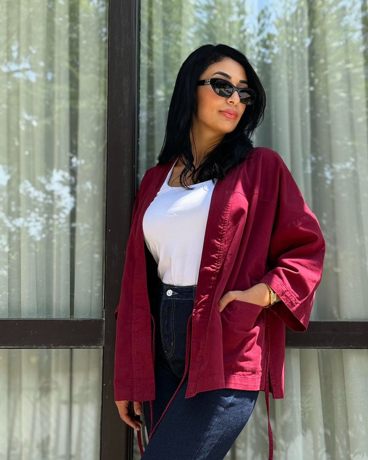Belted Kimono - Denim Jacket burgundy