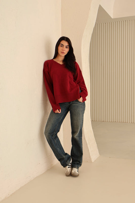 Burgundy Cotton V-Neck Long Sleeve Blouse