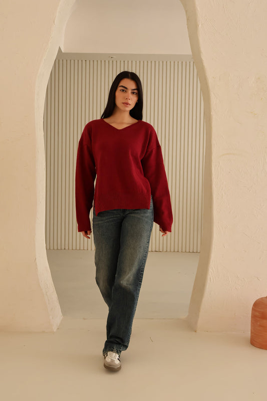 Burgundy Cotton V-Neck Long Sleeve Blouse