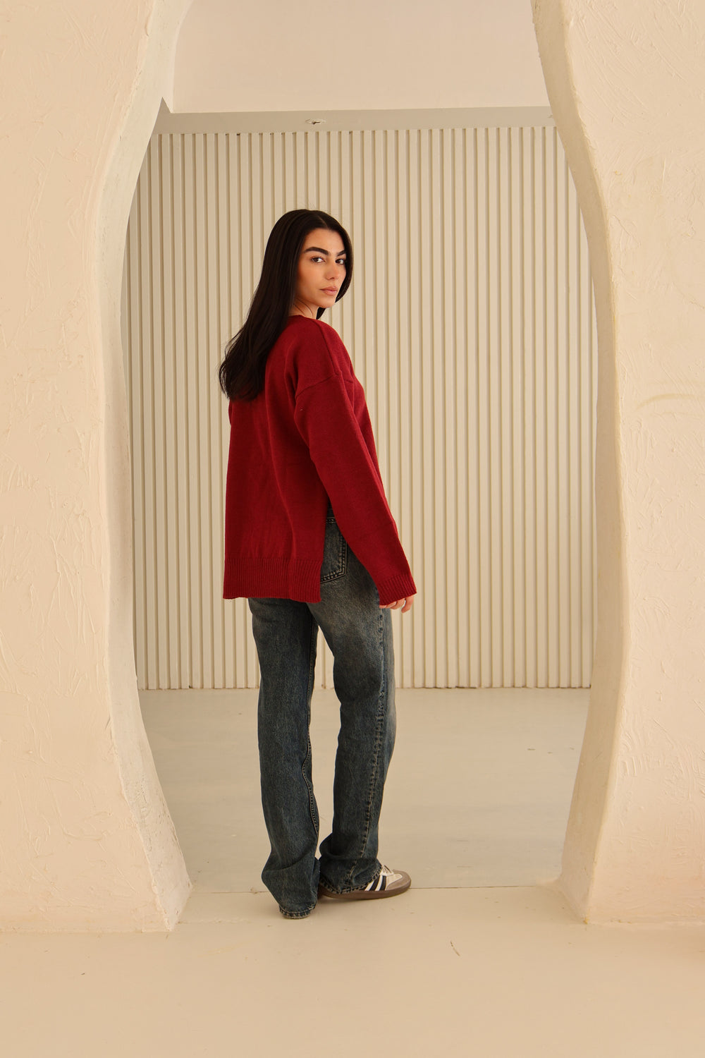 Burgundy Cotton V-Neck Long Sleeve Blouse