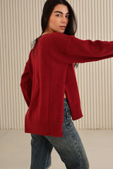 Burgundy Cotton V-Neck Long Sleeve Blouse