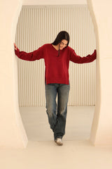 Burgundy Cotton V-Neck Long Sleeve Blouse