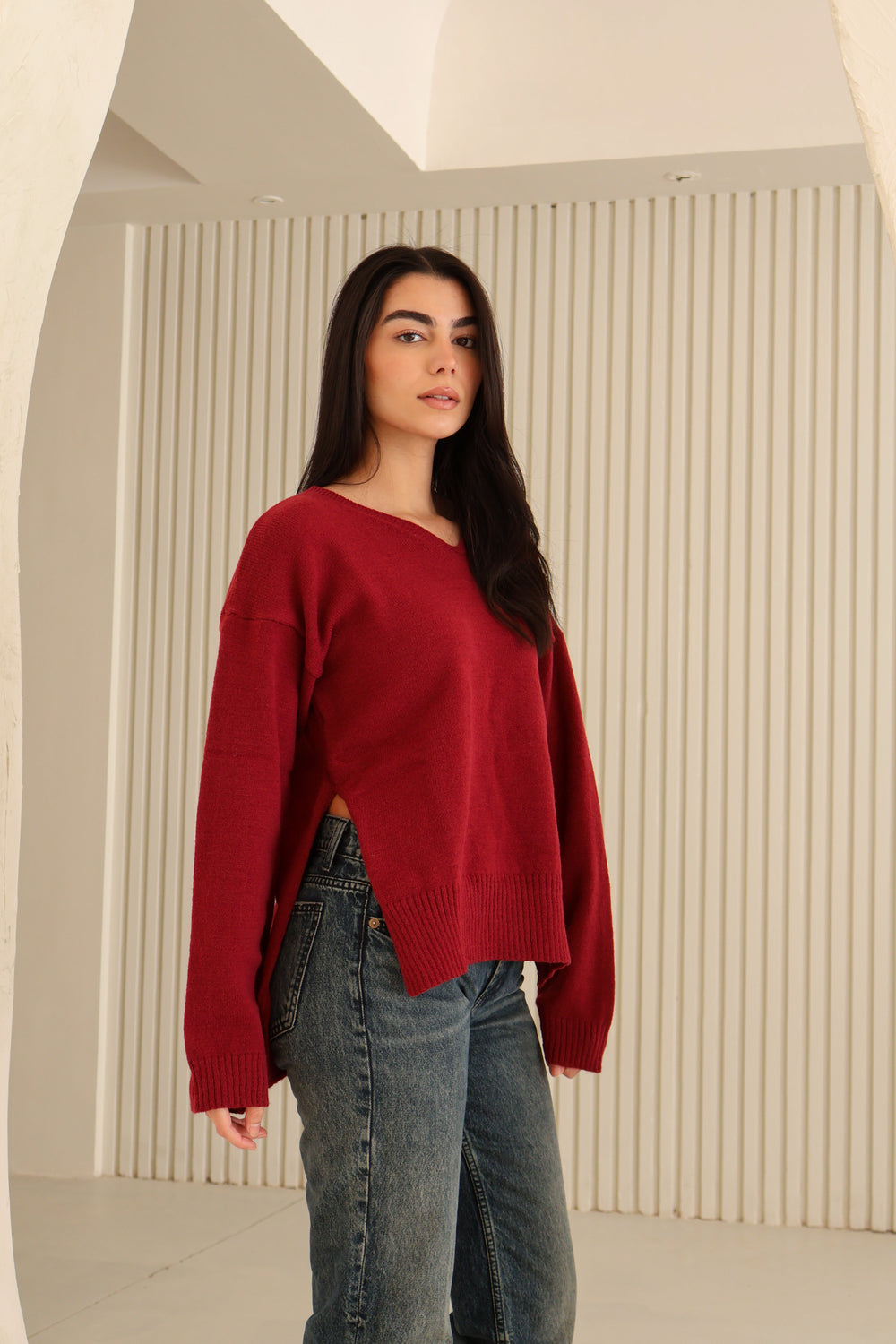 Burgundy Cotton V-Neck Long Sleeve Blouse