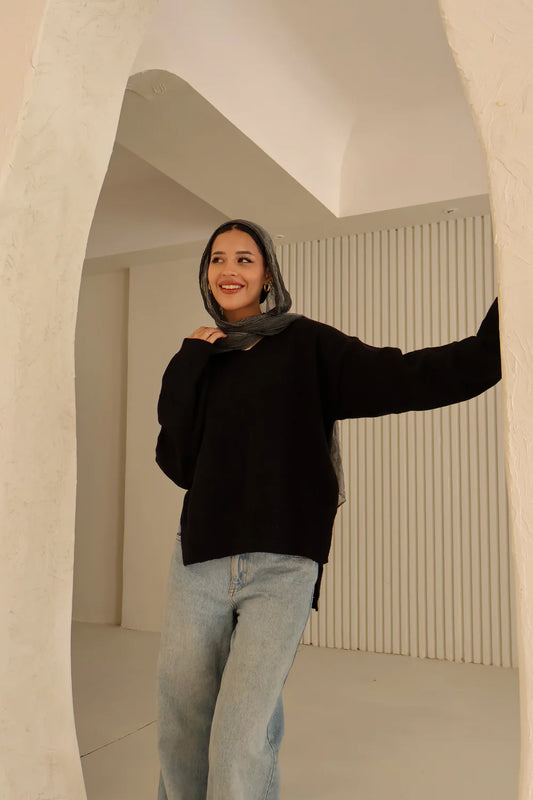 Black Cotton V-Neck Long Sleeve Blouse