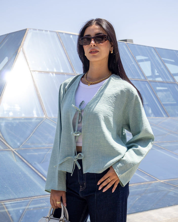 Ribbon-Tie - Long Sleeve Blouse Sage Green