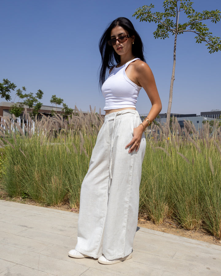 Cross-Belt Linen - Wide-Leg Pants Off White Stripe