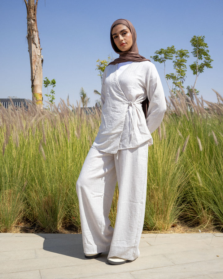 Side-Tie Set - Blouse & Wide-Leg Pants Light Beige