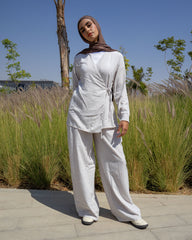 Side-Tie Set - Blouse & Wide-Leg Pants Light Beige