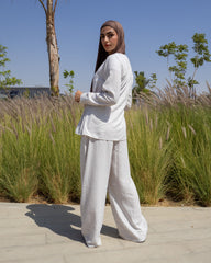 Side-Tie Set - Blouse & Wide-Leg Pants Light Beige
