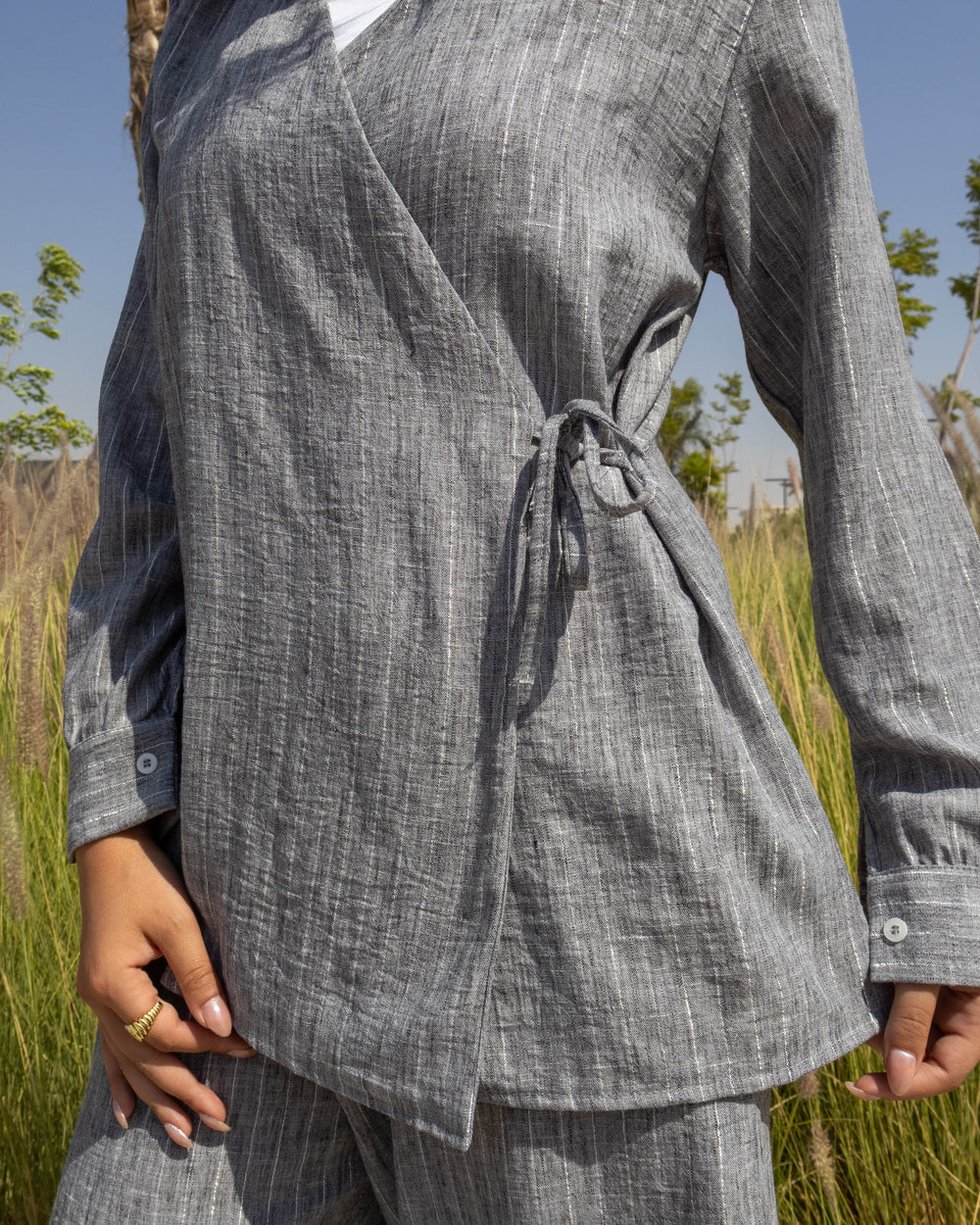 Side-Tie Set - Blouse & Wide-Leg Pants Gray