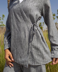 Side-Tie Set - Blouse & Wide-Leg Pants Gray