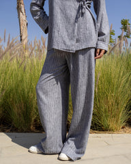 Side-Tie Set - Blouse & Wide-Leg Pants Gray