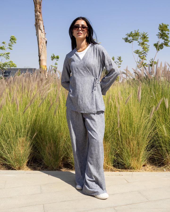 Side-Tie Set - Blouse & Wide-Leg Pants Gray