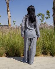 Side-Tie Set - Blouse & Wide-Leg Pants Gray