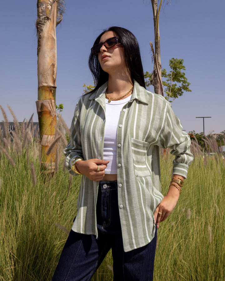 Textured Stripe - Linen Shirt Olive